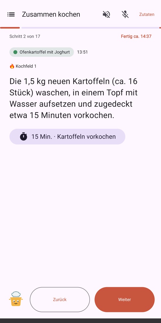 Kochmodus mit grosser Schrift, Timer und Weiter-Knopf